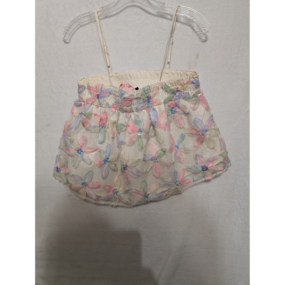 SHEIN Floral Applique‎ Cami Top Cream Pastel Sequin Mesh 3D Flower XS NEW